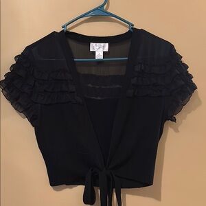 LOFT Black Ruffled Cap Sleeve Crop Blouse